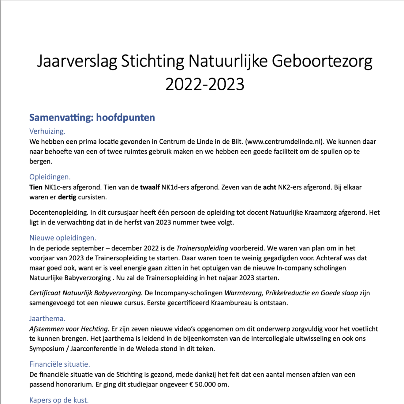 Jaarverslag - Stichting Natuurlijke Geboortezorg 2022-2023